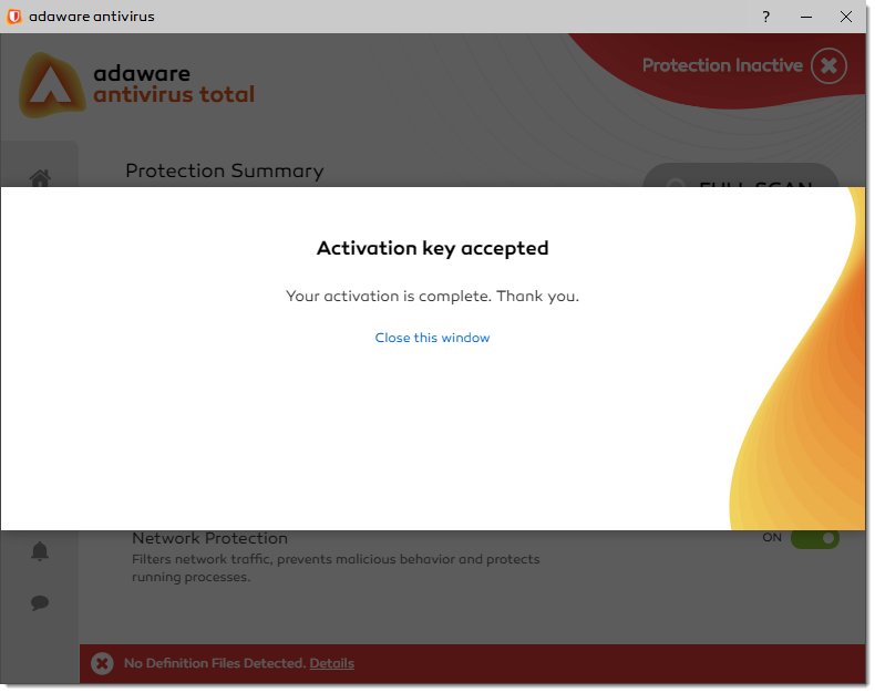 Activation Key Accepted window
