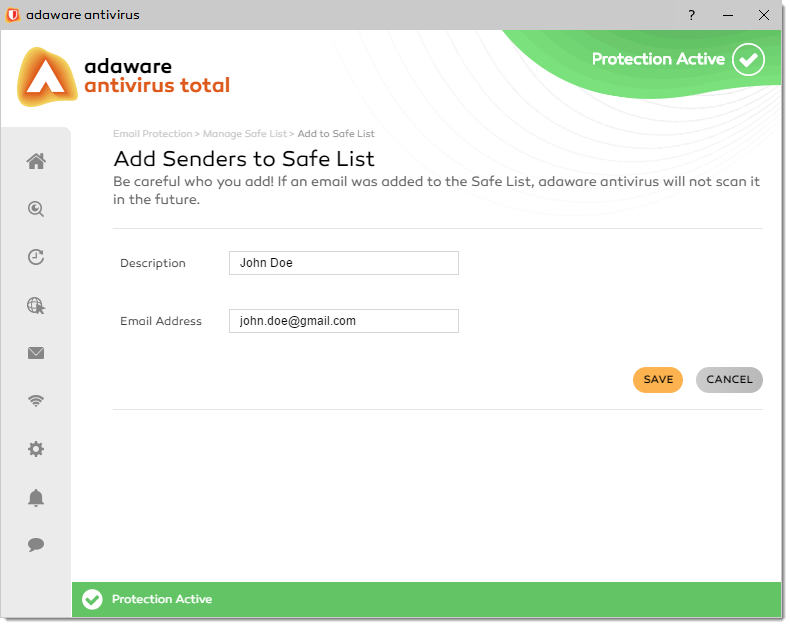 Add Senders to Safe List window