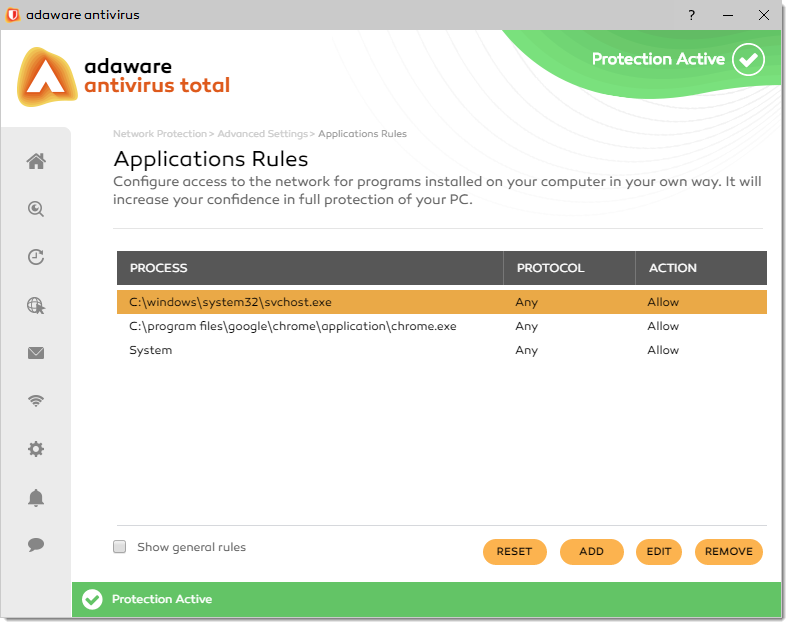 Application Rules window