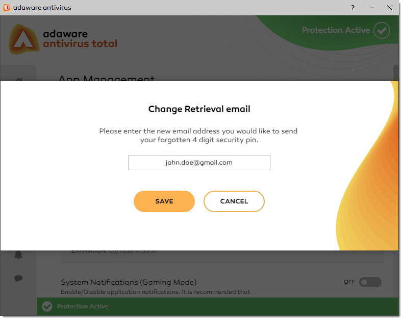 Change Retrieval Email window