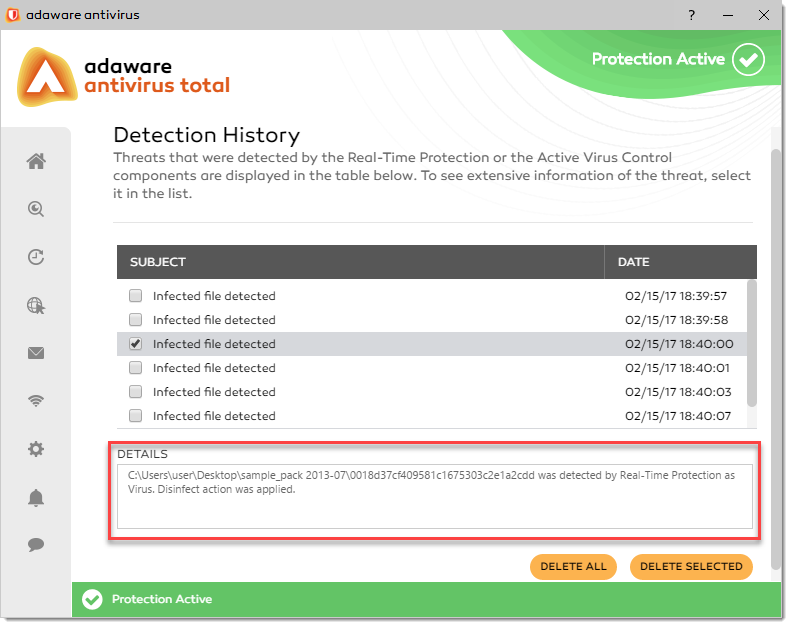 Detection History window - Details block