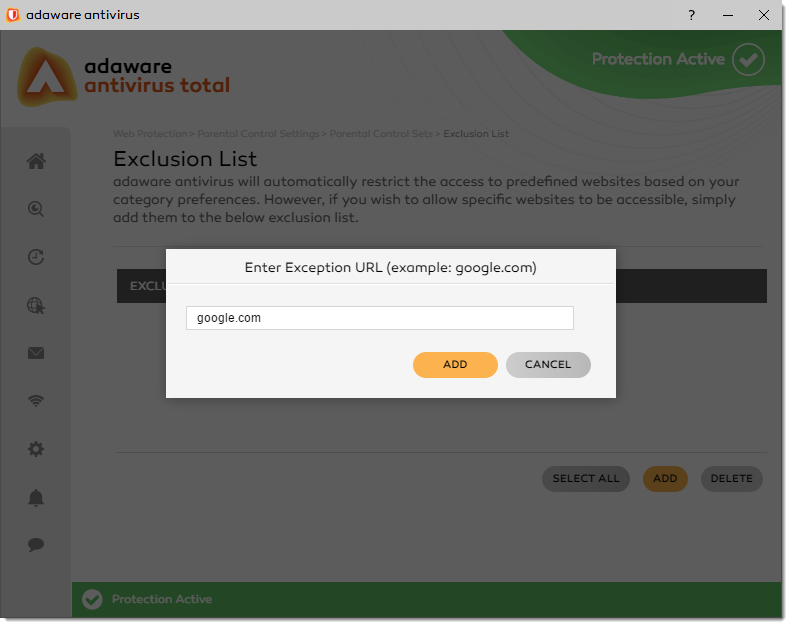 Enter Exception URL window