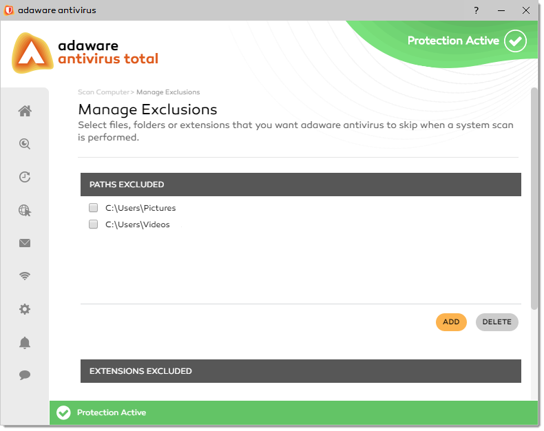 Manage Exclusions window - Items added