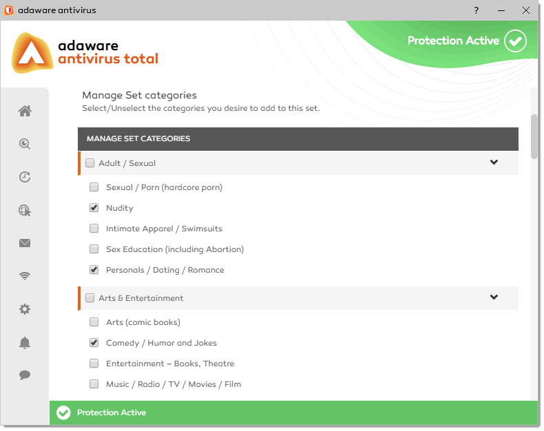 Manage Set Categories window