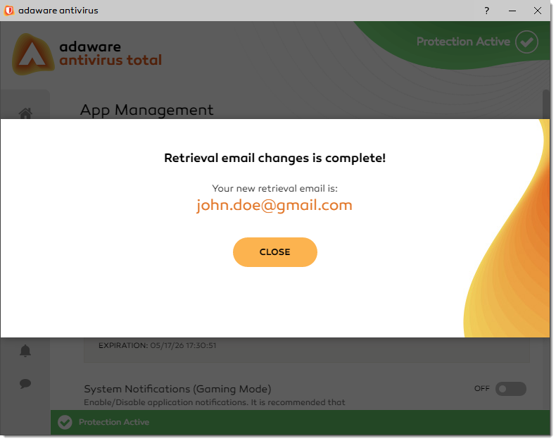 Retrieval Email Change is Complete window