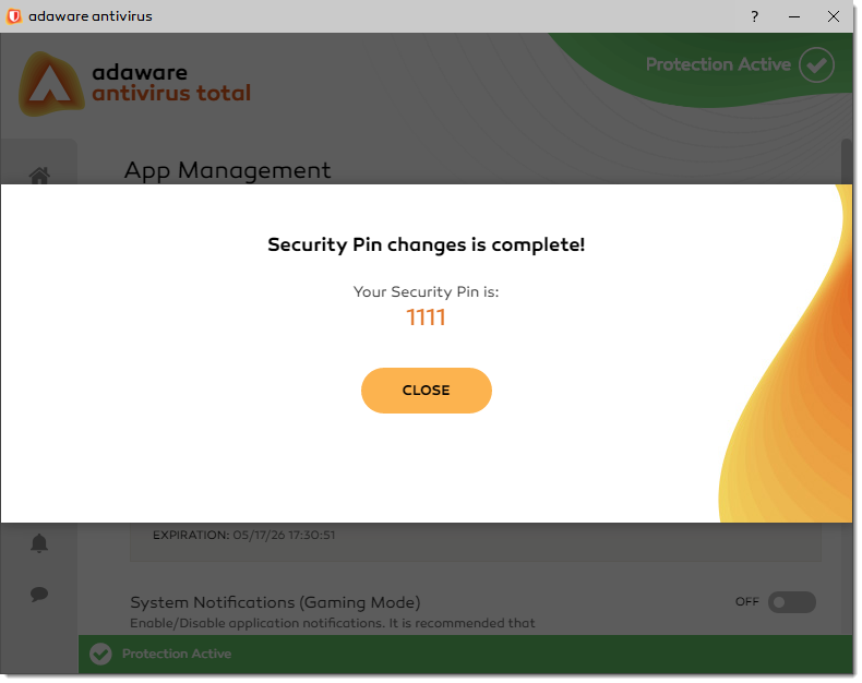 Security Pin Changes is Complete window 